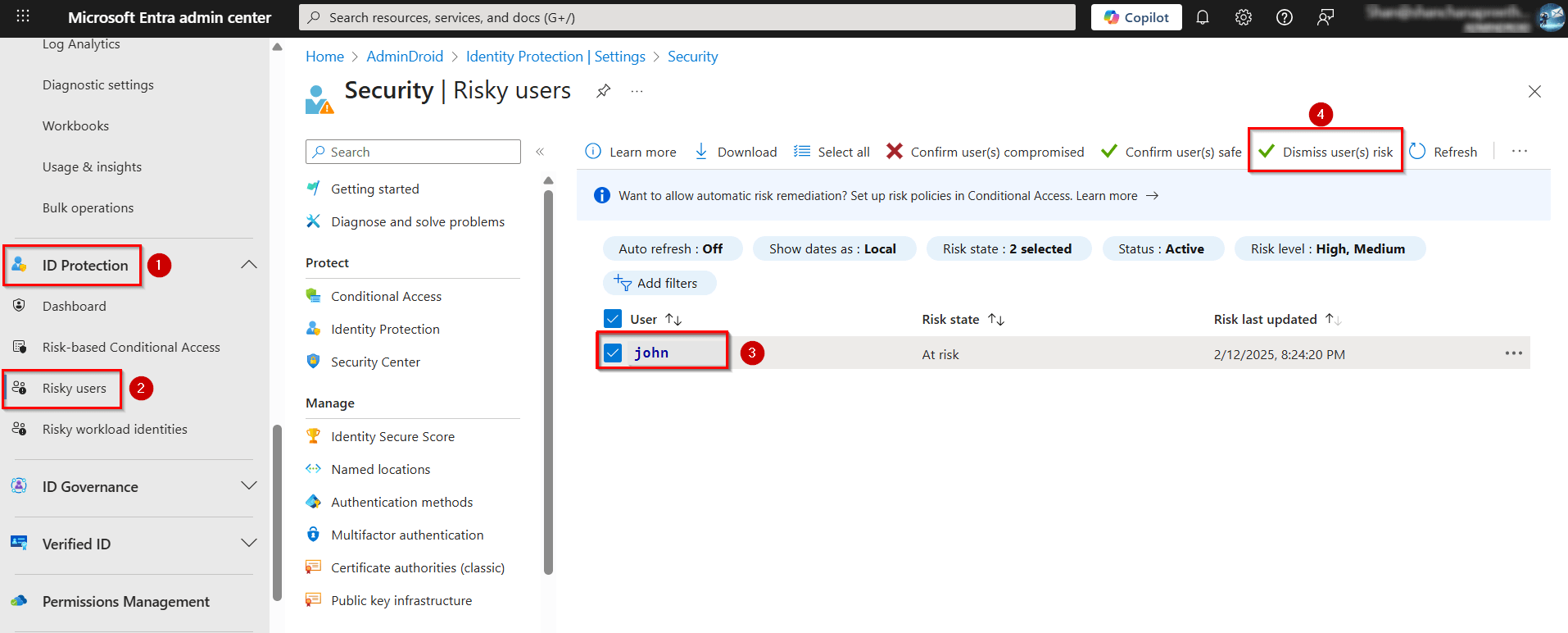 Dismiss User Risk State in Entra Admin Center