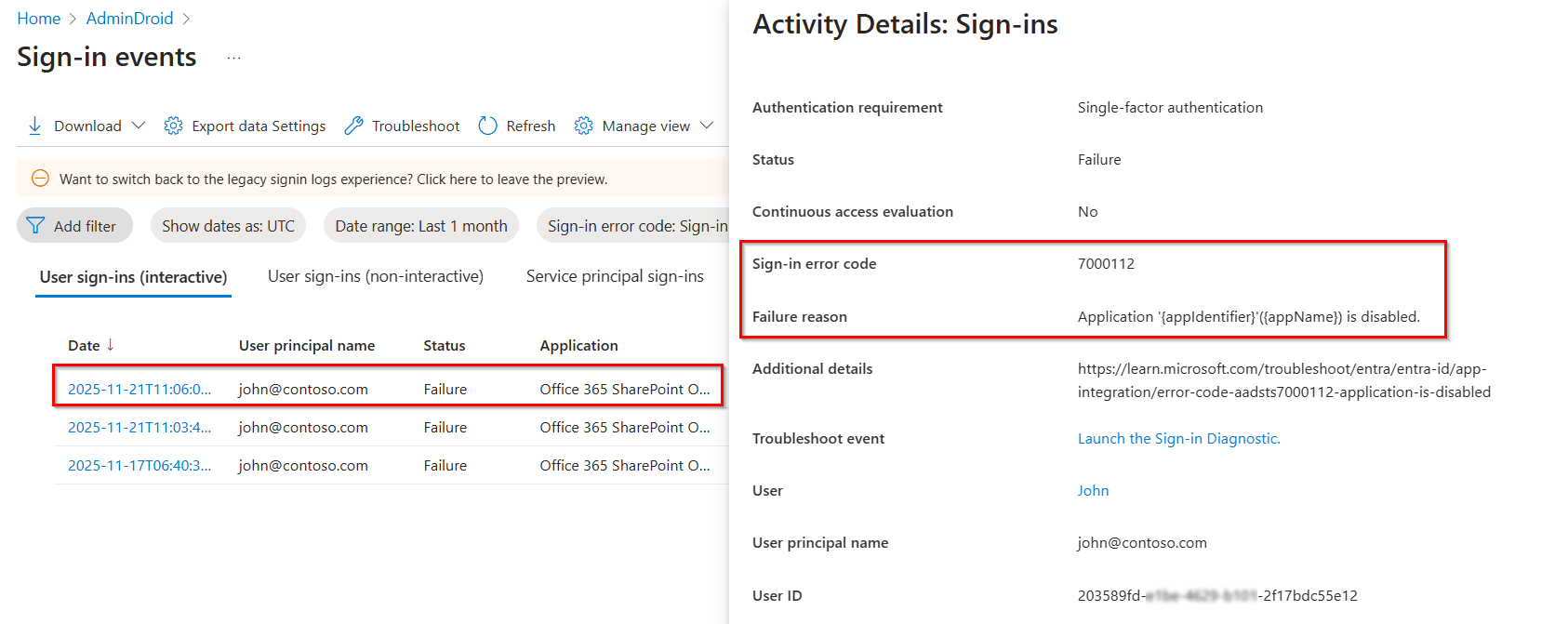 Error Code 7000112 details in Microsoft Sign-in Logs