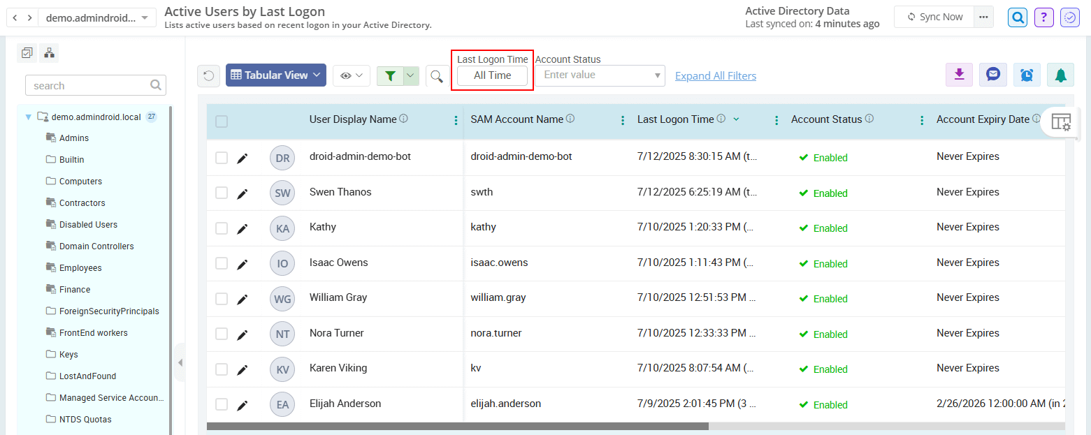 Get All AD Users Last Logon Time Using AdminDroid 