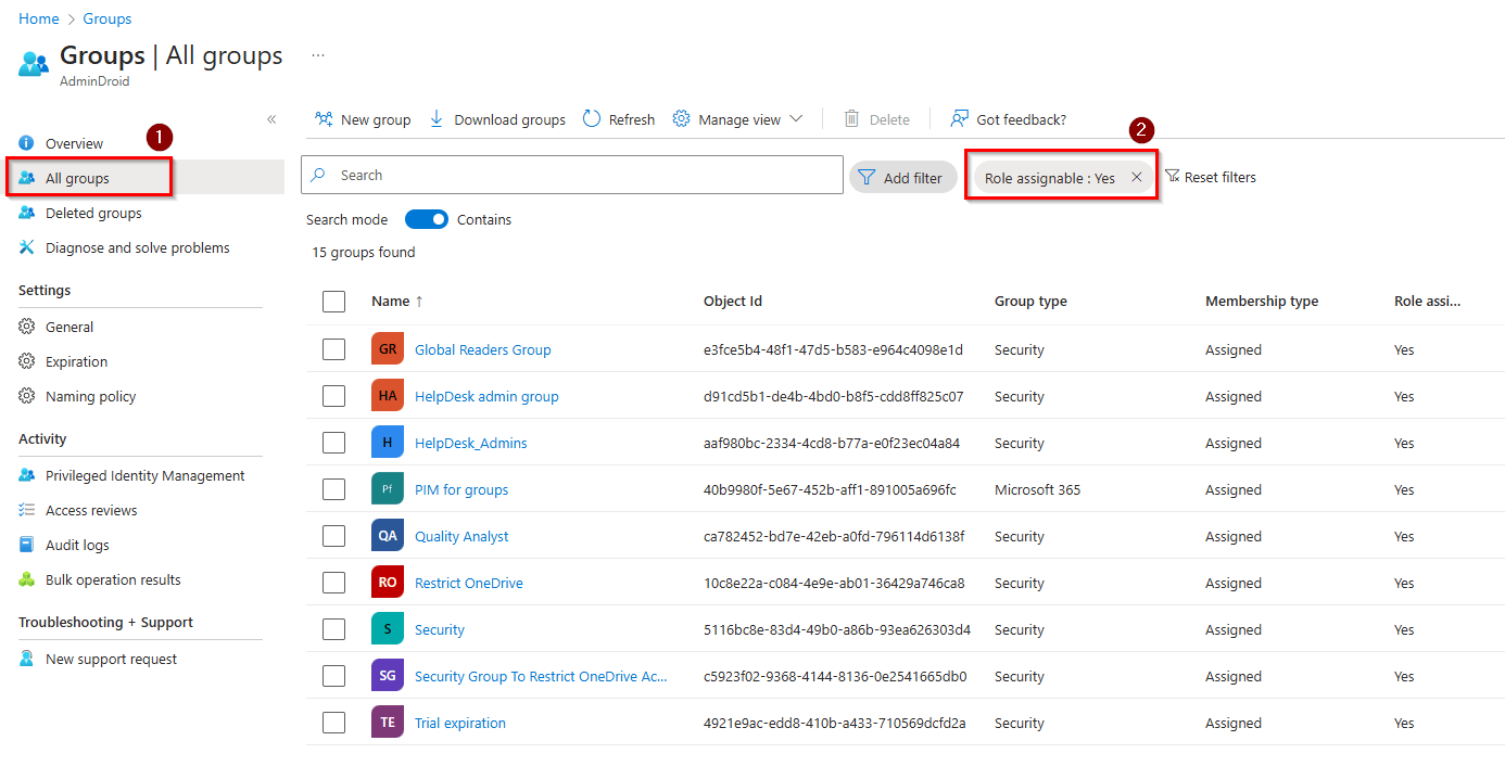 Windows Server Example Role Groups List All Role-assignable Groups in Microsoft 365