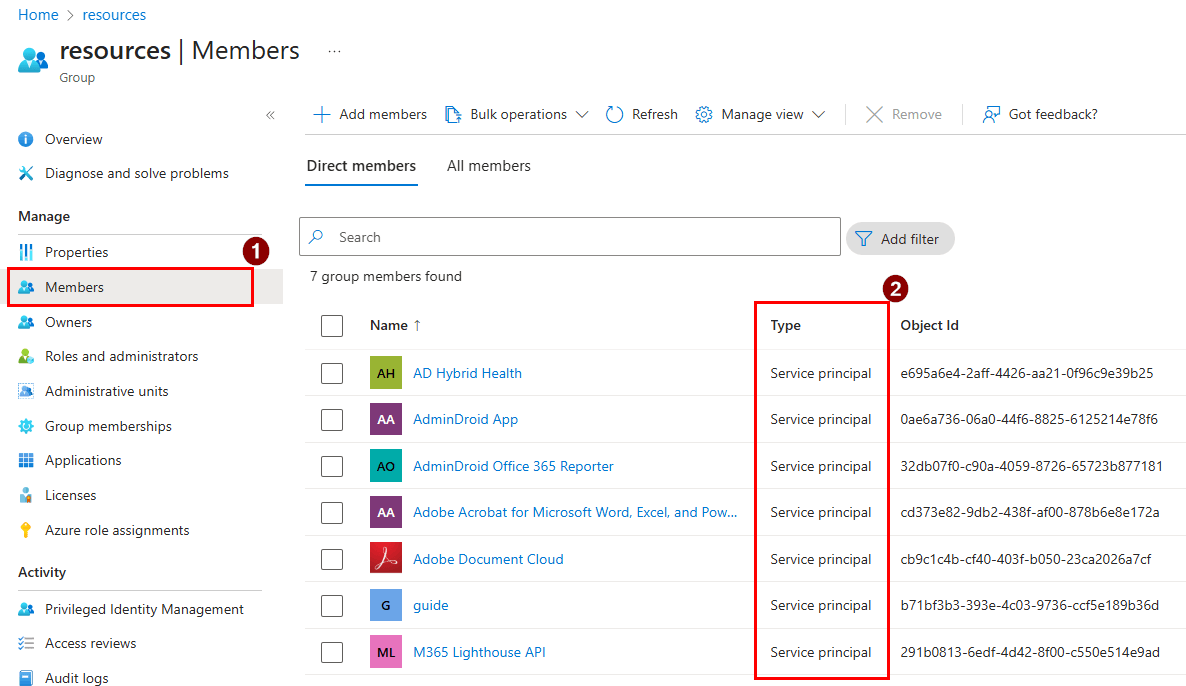 Identify Groups with Service Principal Members Using Entra Admin Center