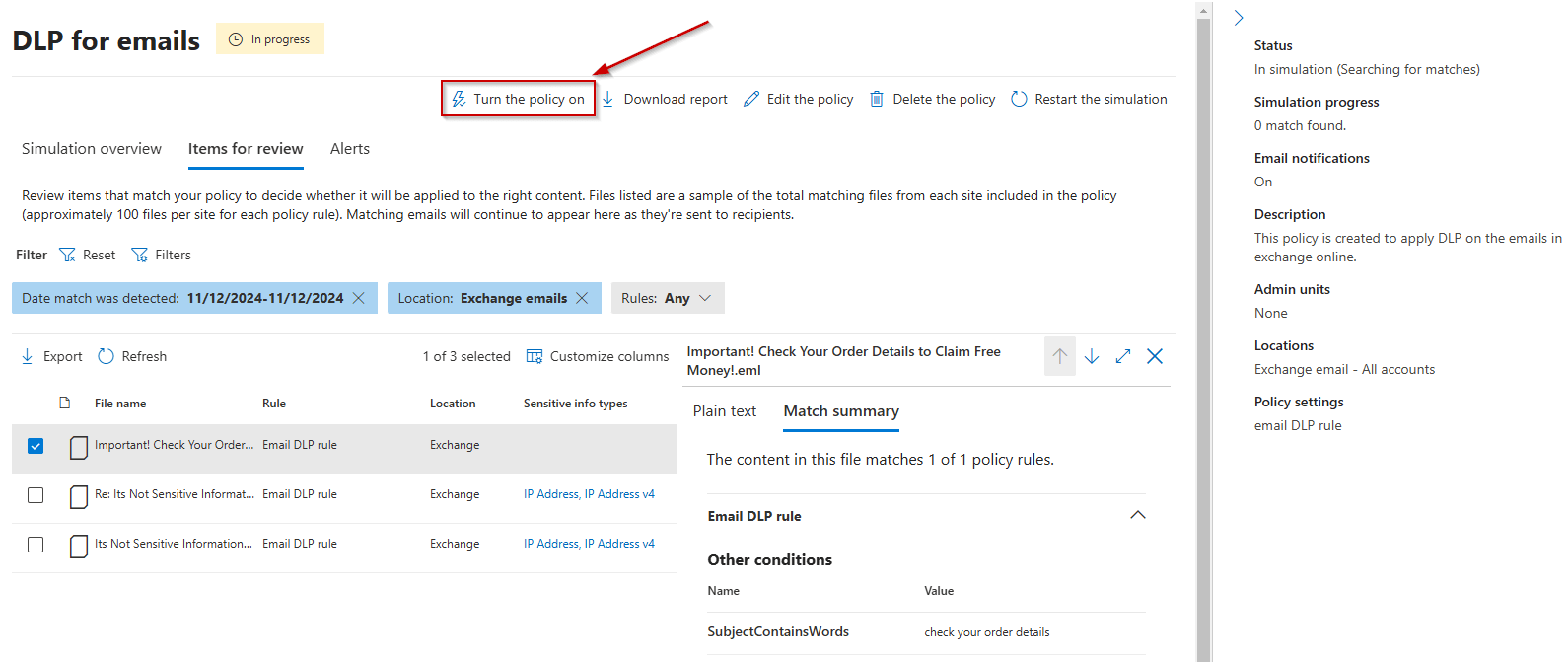 Get DLP Email Matches in Exchange Online
